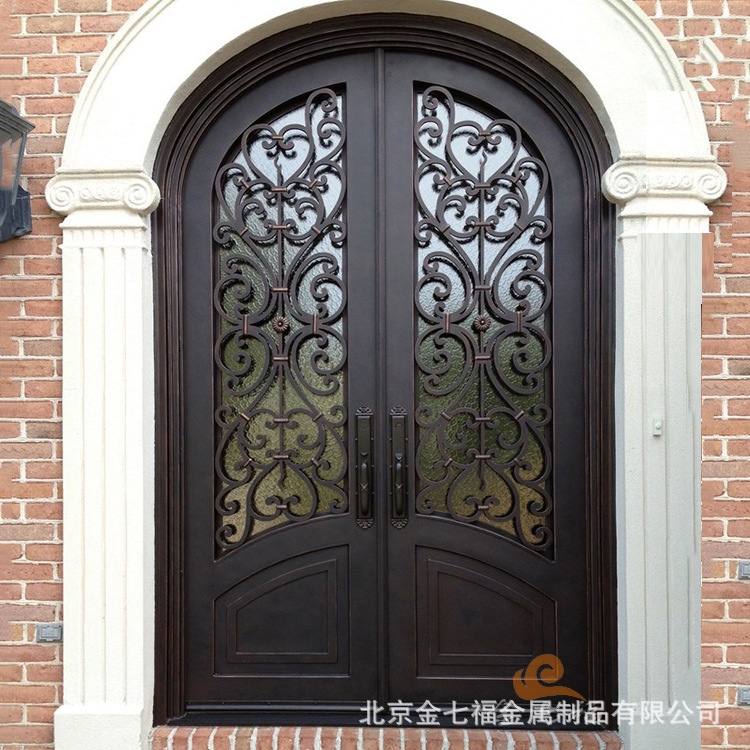 别墅庭院进户铁艺玻璃大门仿铜防盗门欧式风格铁艺弧形圆弧对开门
