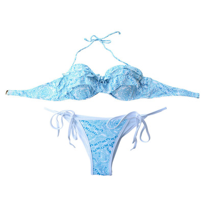 速卖通欧美比基尼性感新款钢托大胸荷叶边优雅青花泳衣国际代发