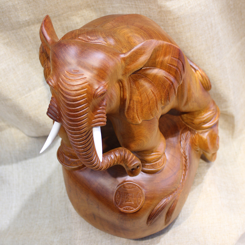 手工雕如意吉祥大象 红木缅甸花梨木根雕客厅收藏摆件大象工艺品