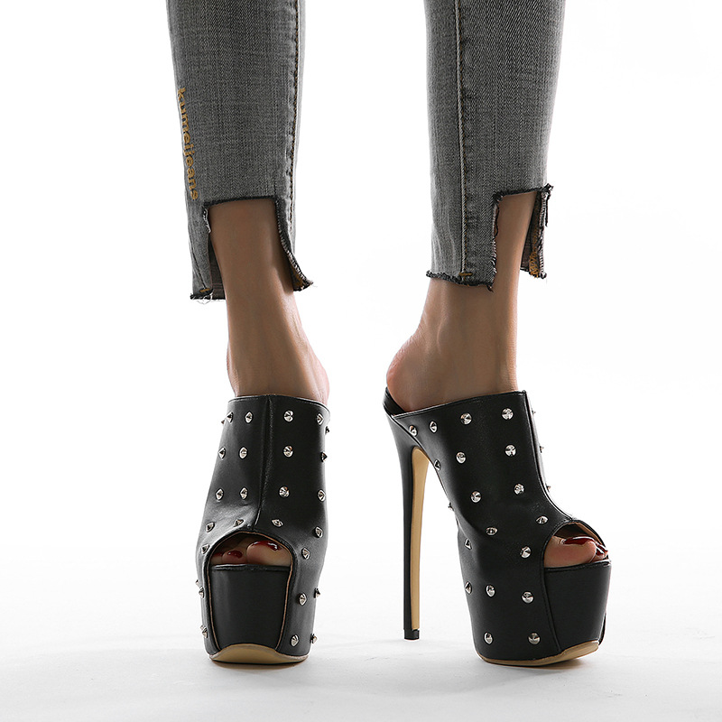 highheels2020欧美风新款铆钉鱼嘴16厘米高跟裸靴有做3542码现