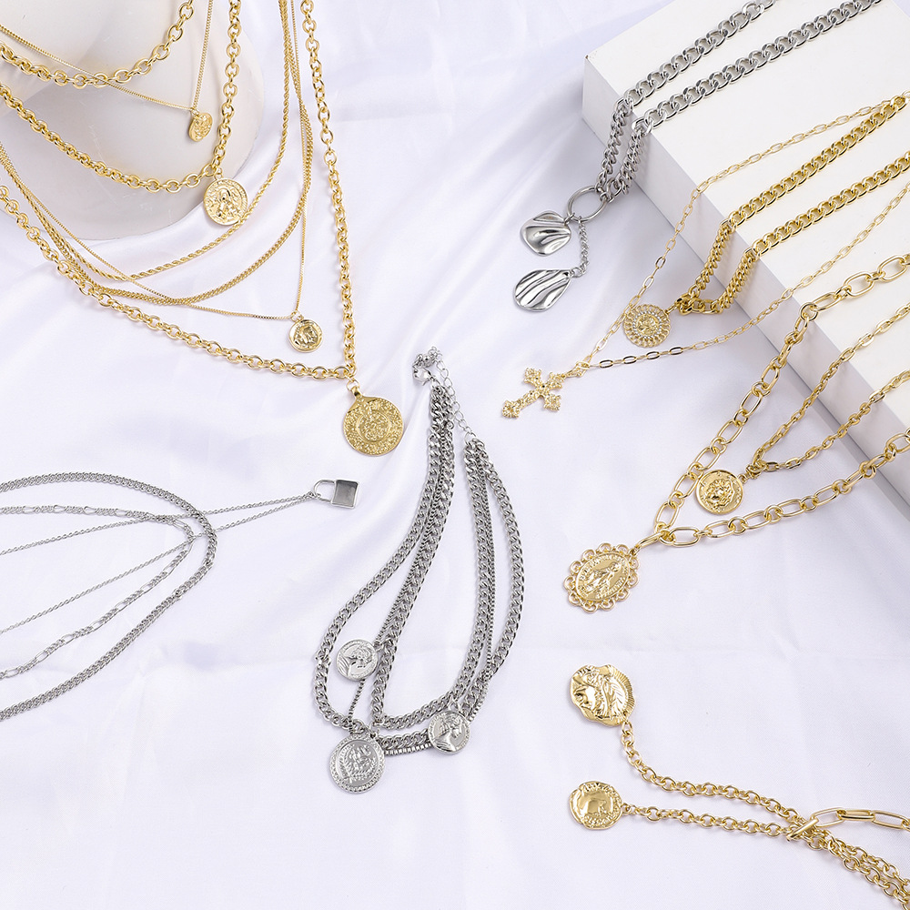 欧美跨境项链十字架钱币头像吊坠项链choker时尚潮流多层项链女