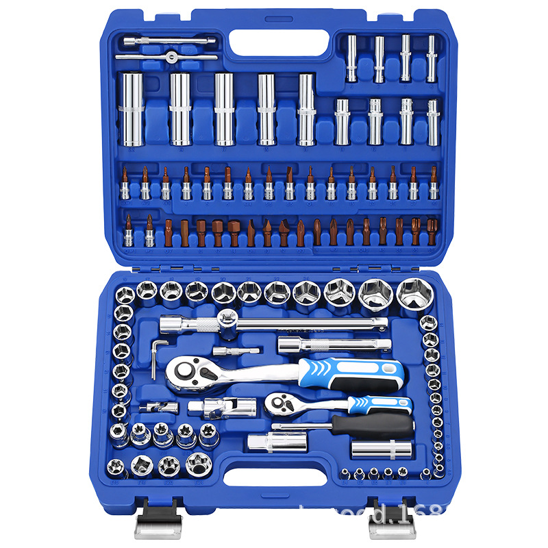 08-Piece Factory Supply Blue Box 72 Teeth Curved Handle Ratchet Wrench Socket Set Hardware Repair Tool Set 