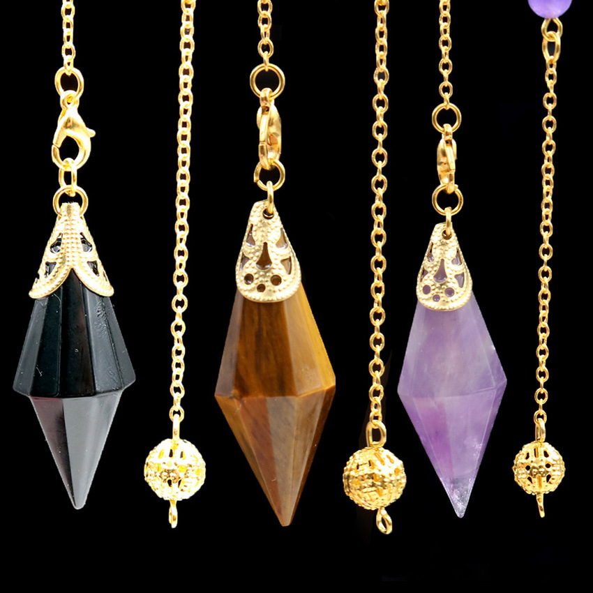 外贸新品配饰天然紫水晶12切面双尖灵摆脉轮链吊坠水晶占卜灵摆