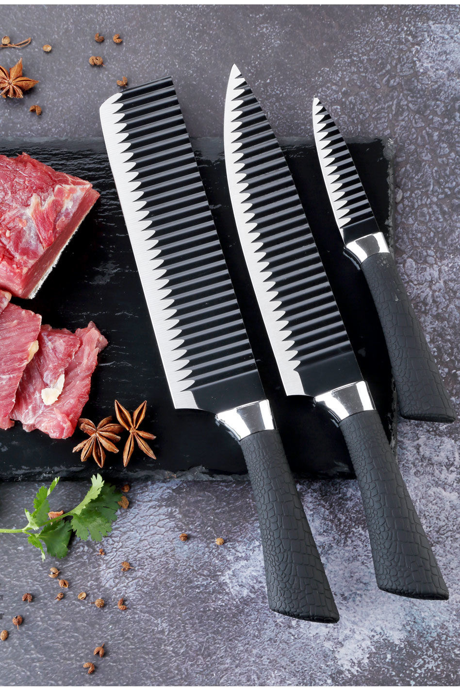 波浪纹不粘套刀 黑色锻打锤纹菜刀厨师刀 亚克逊跨境电商礼品刀具