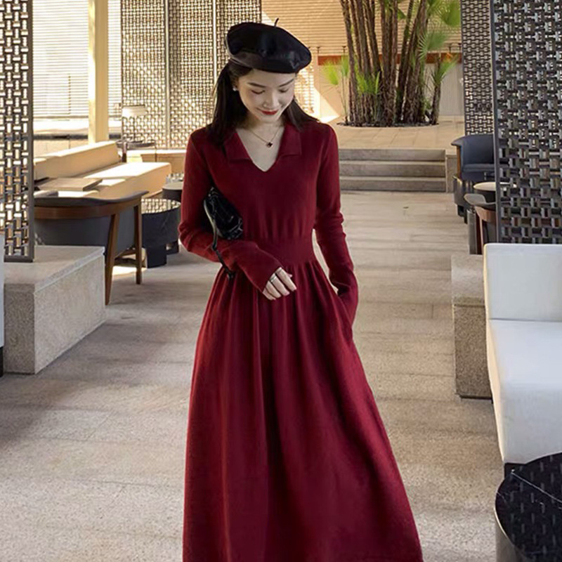 冬季小个子v领红色a字长裙打底加厚法式内搭加厚红色针织连衣裙