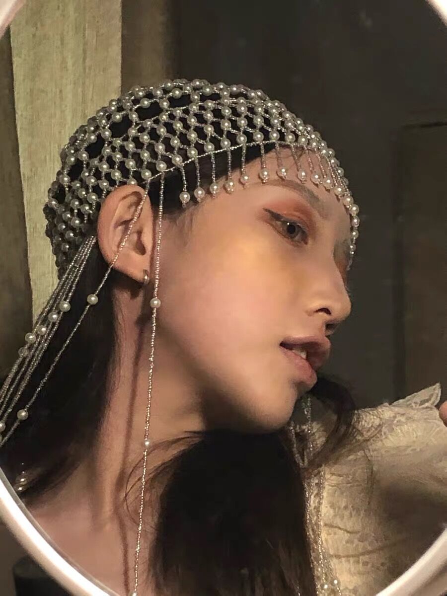 流苏珍珠帽串珠头饰流苏帽子流苏银色帽子头饰影楼拍照写真配饰品