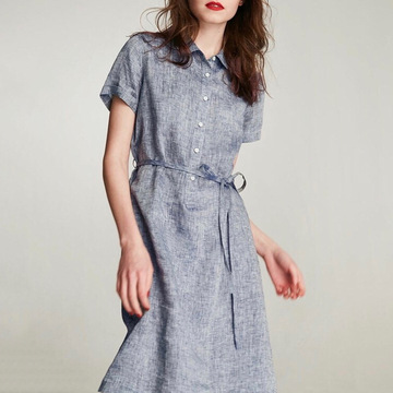 素町定制日系外贸女装纯亚麻裙 麻料连衣裙 翻领短袖腰带衬衫裙