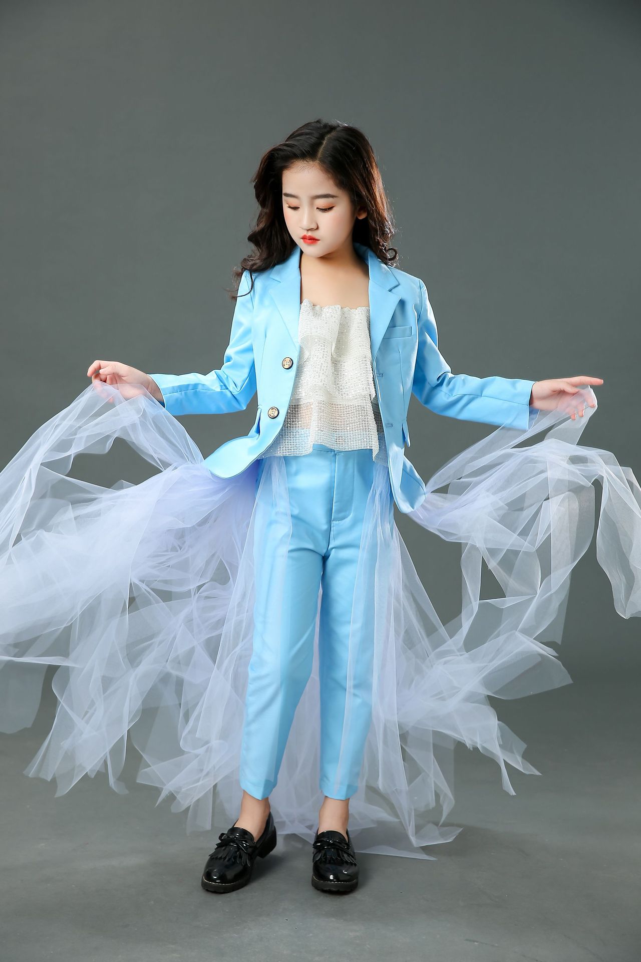 儿童礼服西服套装女童模特时尚走秀潮服个性蓝色洋气高端演出服秋