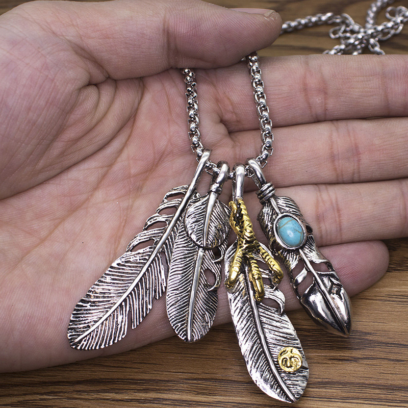 跨境热销饰品欧美热销高桥潮牌嘻哈复古羽毛叶子鹰爪吊坠项链