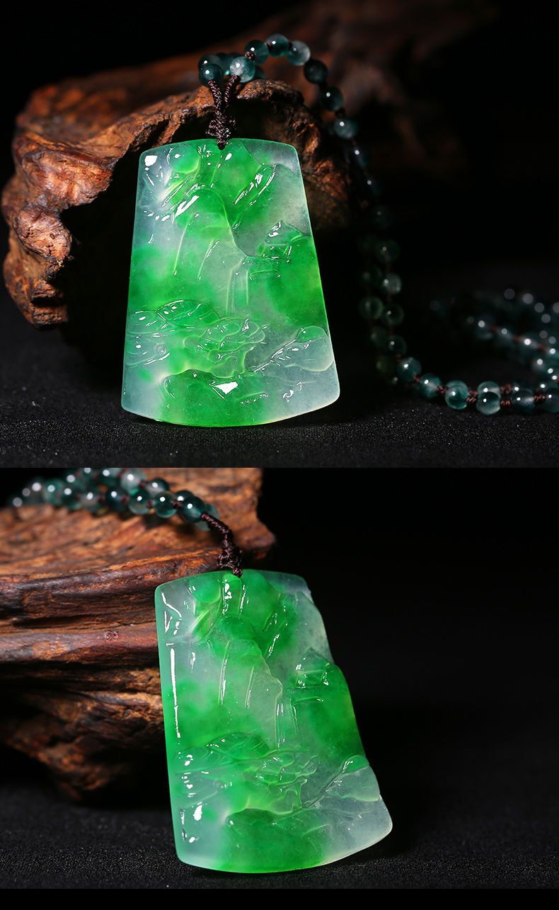 真品缅甸翡翠吊坠冰种飘花山水画挂件男女项链毛衣链