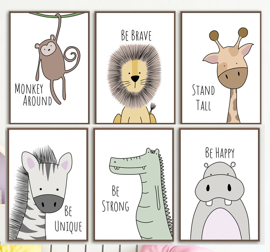 可爱卡通动物装饰画儿童房幼儿园无框哑光画芯wish款小清新组合