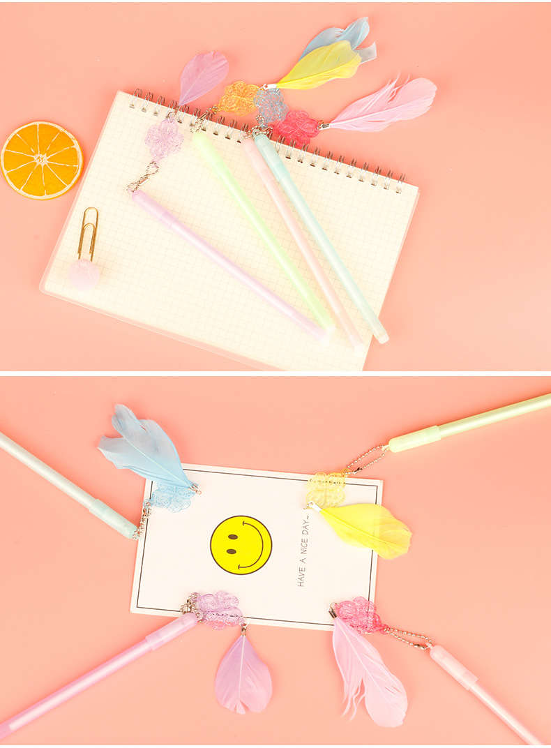 简约琉璃羽毛挂件中性笔创意黑色吊坠水笔可爱学生文具用品批发