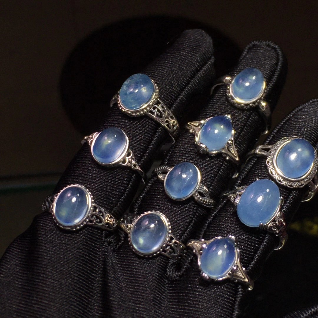 厂家批发海蓝宝戒指 925银镶嵌戒面干净晶体冰透起荧光 活口设计