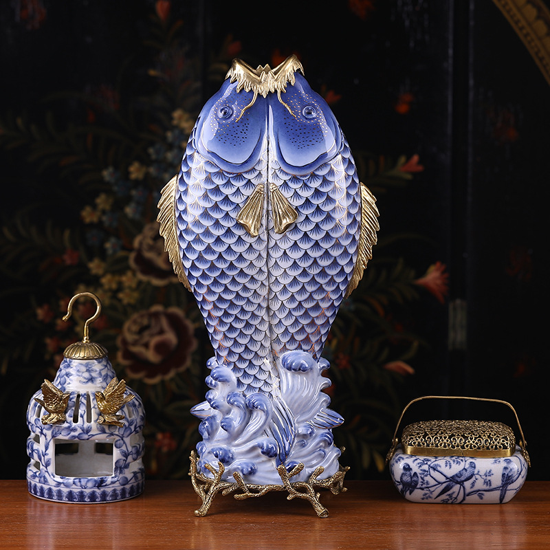 锦上添花锦鲤草鱼陶瓷鱼创意摆件 家居装饰工艺品创意手工花瓶