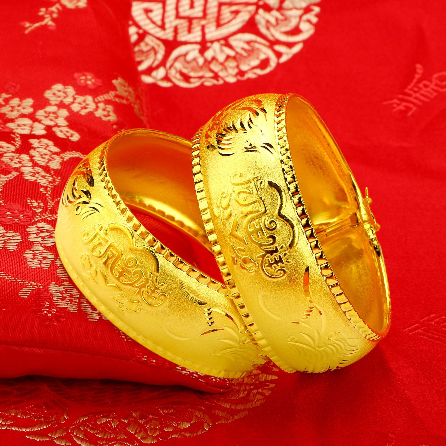 鑫生源黄铜镀金饰品龙凤呈祥新娘手镯结婚三金首饰女婚庆镯子批发