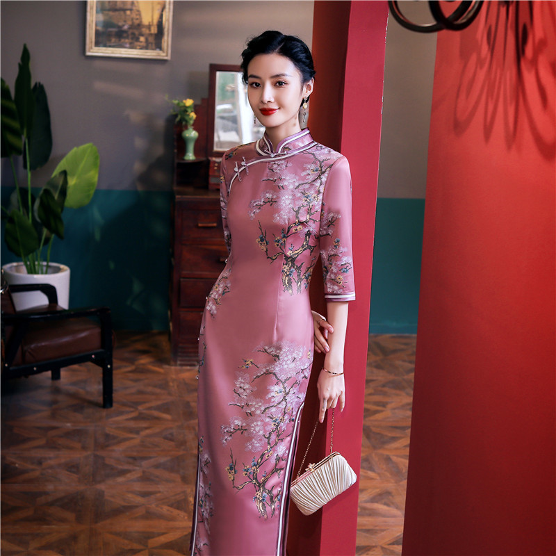 苏州旗袍厂家批发传统侧八扣长款七分袖旗袍2020秋新款老上海旗袍