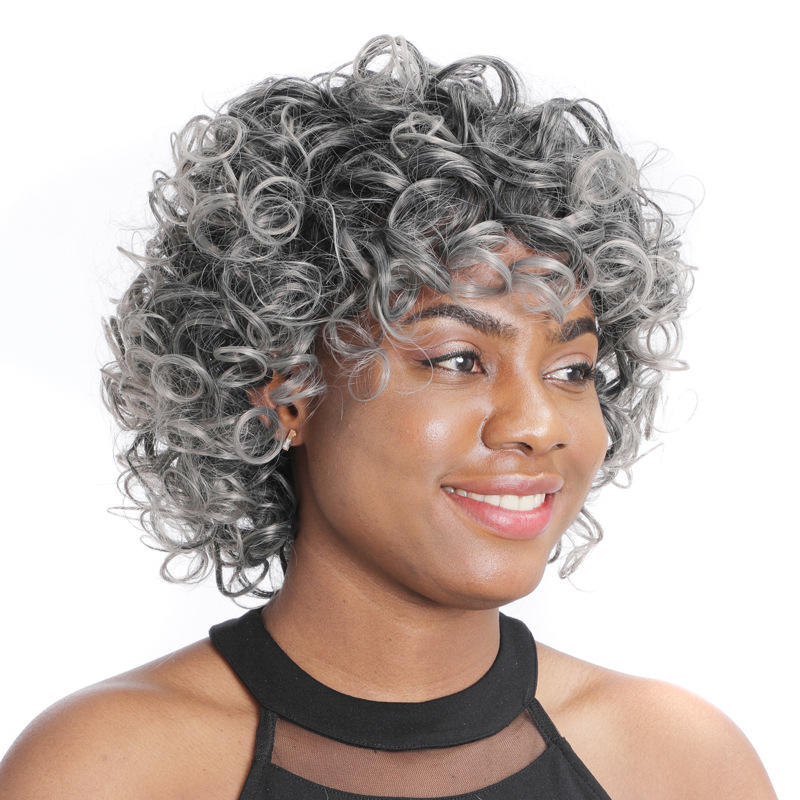 奶奶灰假发头套 欧美小卷短款假发头套 爆炸头蓬松卷小卷假发头套
