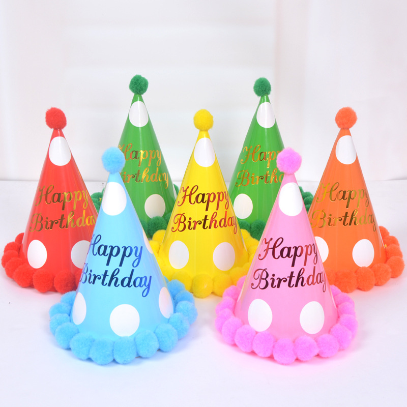 Wholesale Children's Adult Baby Birthday Party Hat Plush Ball Cap Dot Bronzing Party Birthday Hat Paper