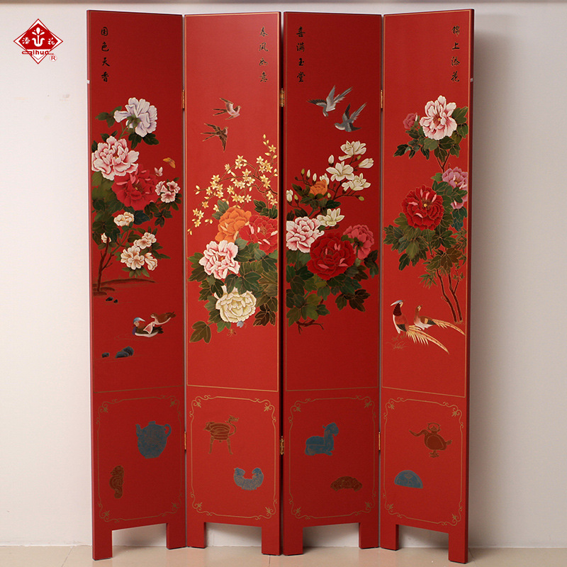 扬州漆器厂 酒店客厅装饰屏风 隔断 彩绘红底牡丹花屏风