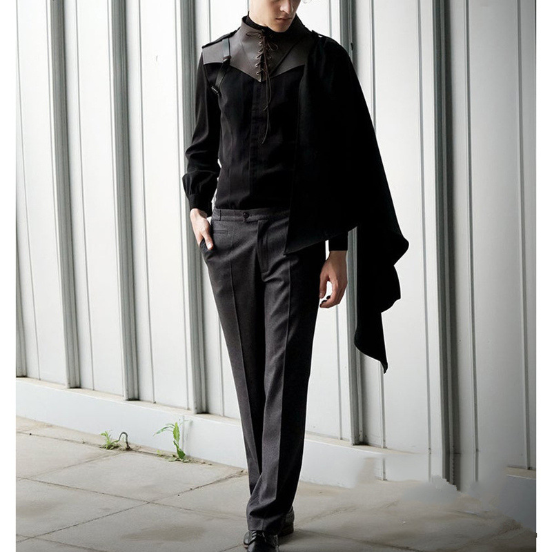 欧洲中世纪系带立领pu皮革拼接单肩披风舞台剧表演cos摄影写真款