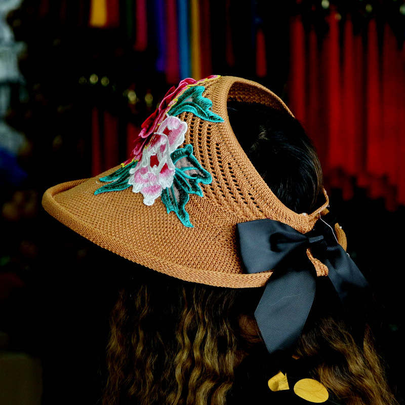 特色绣花民族风针织帽女棉麻刺绣牡丹遮阳帽户外遮阳卷边大沿帽