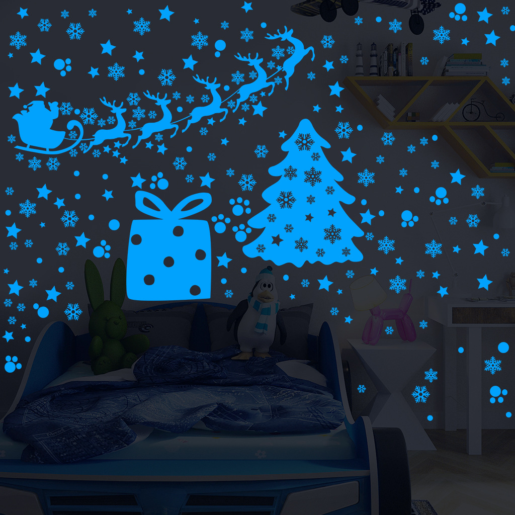 夜光圣诞节墙贴4小时发光 afg3352精雕蓝色圣诞节装饰夜光贴纸
