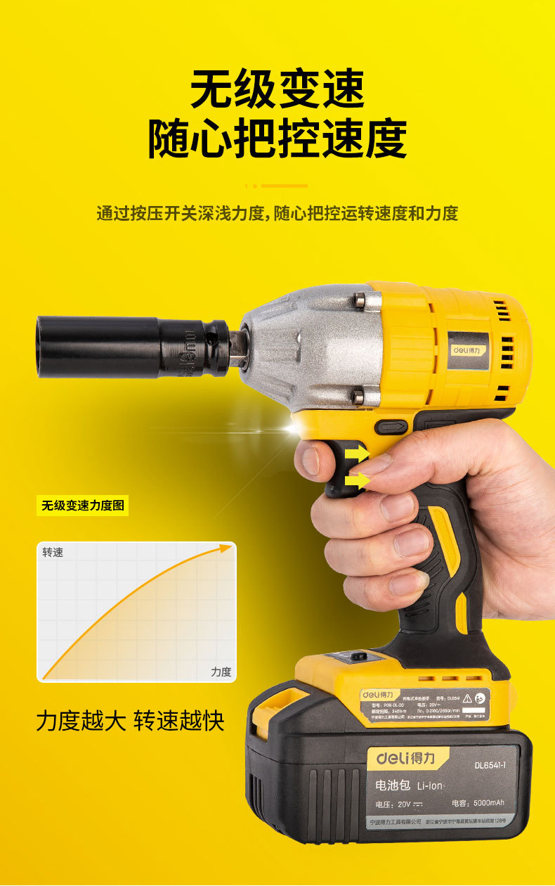 得力20v无刷锂电冲击扳手 电动扳子汽修套筒扳手风炮电动套筒扳手