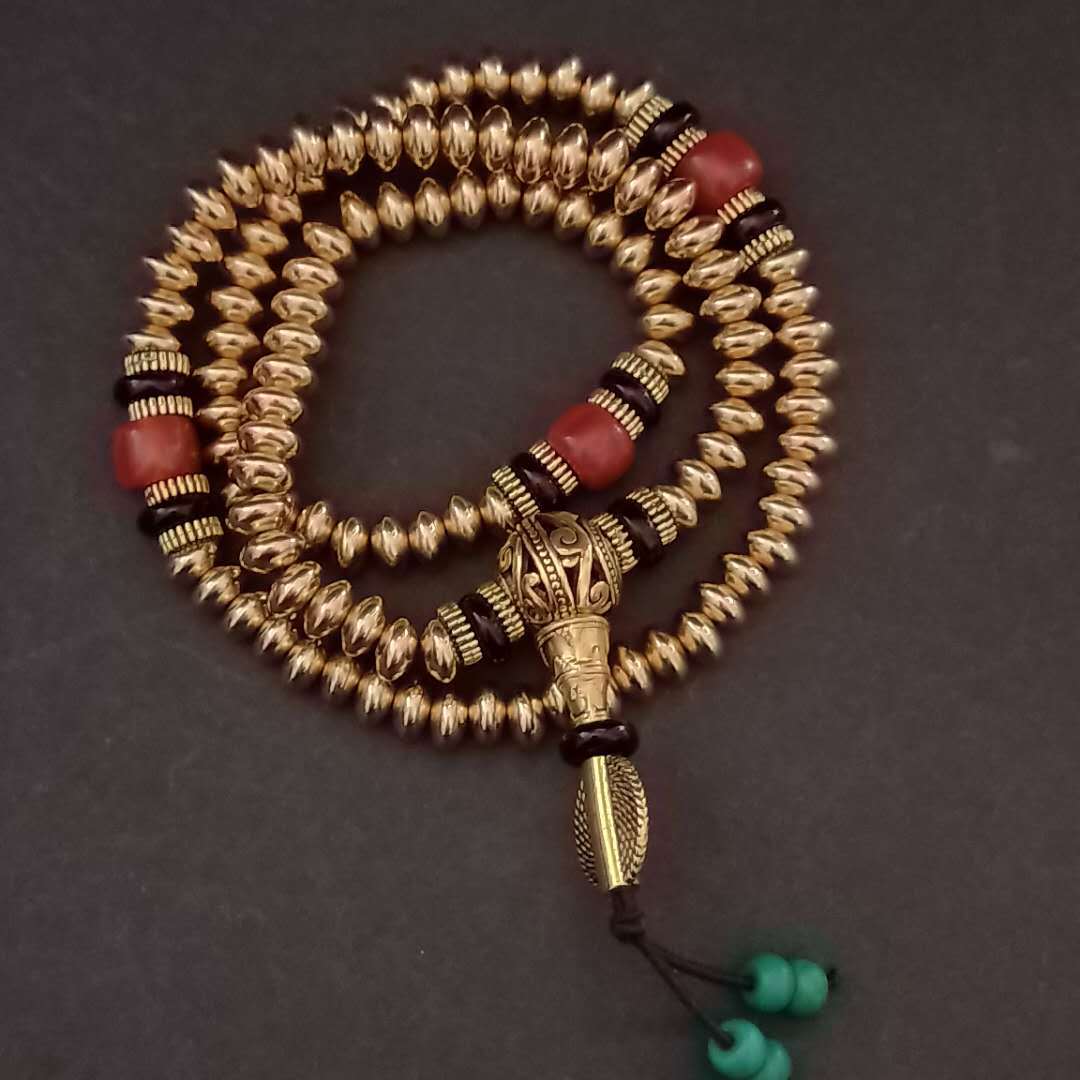 复古108颗纯铜黄铜元片尼泊尔铜珠项链佛珠念珠手链一件代发