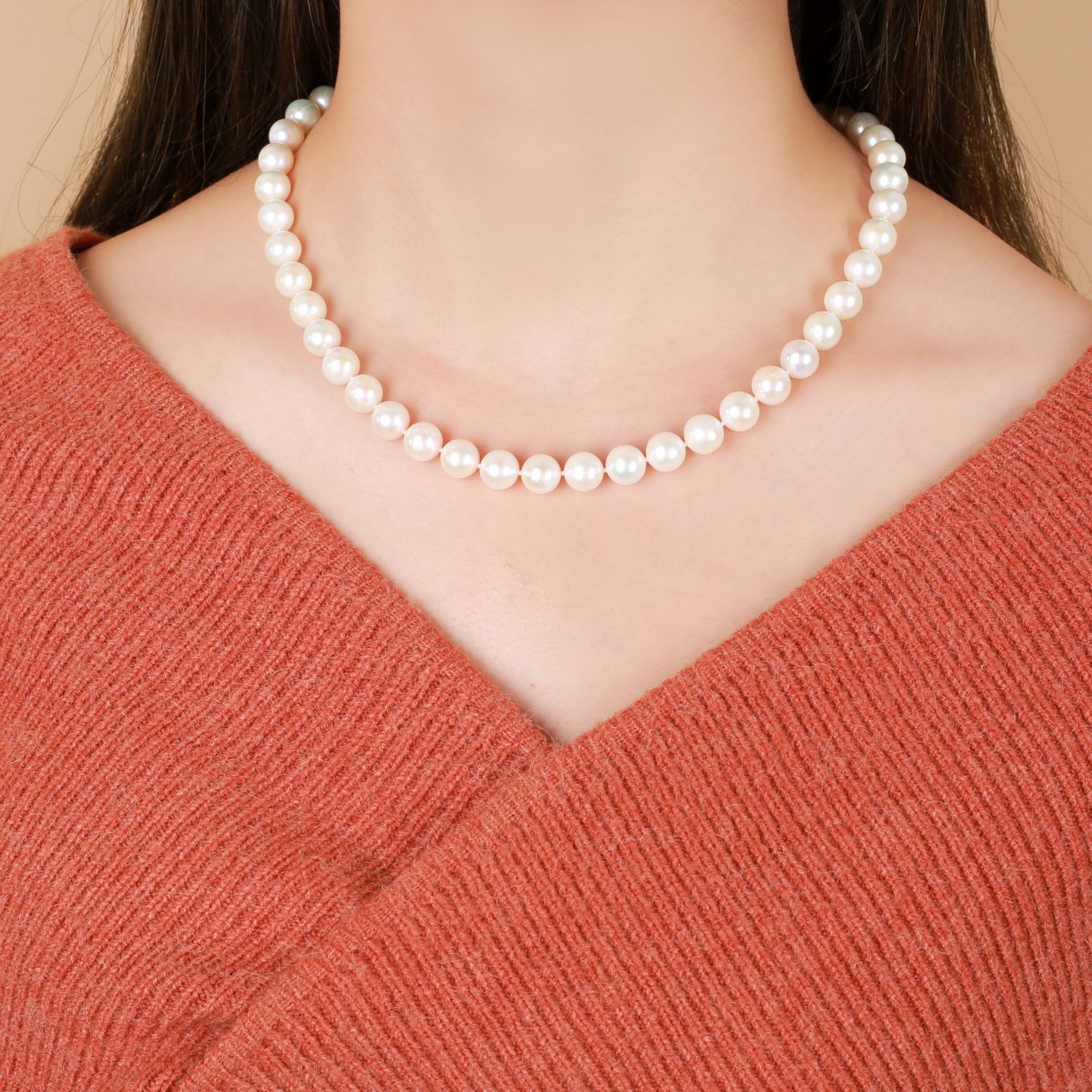 经典款天然淡水珍珠项链9-10mm颗颗打结近圆强光微瑕大白珍珠项链