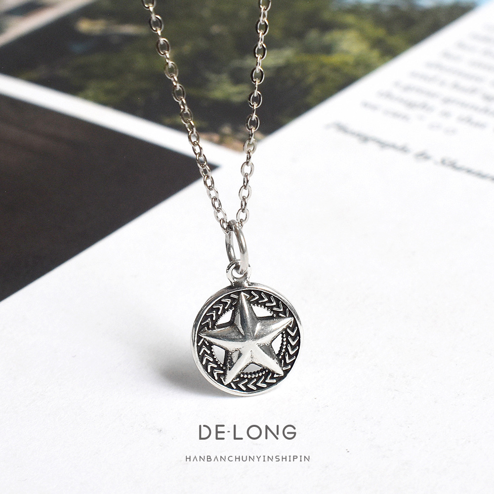 个性复古星星项链s925纯银项饰chic韩版女五角星圆牌项坠时尚饰品