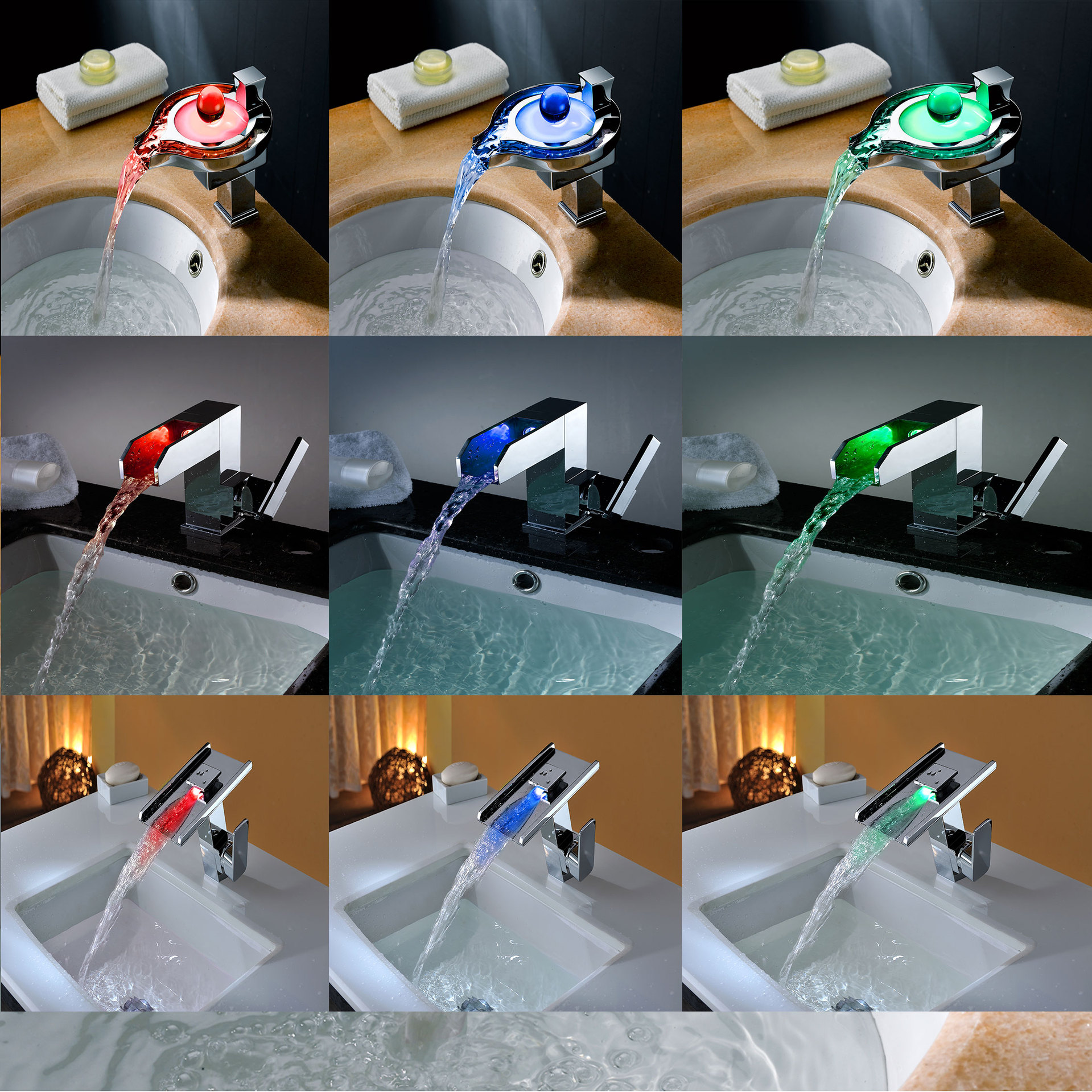 全铜冷热水洗脸盆led智能发光温控变色瀑布单孔台盆面盆混水龙头