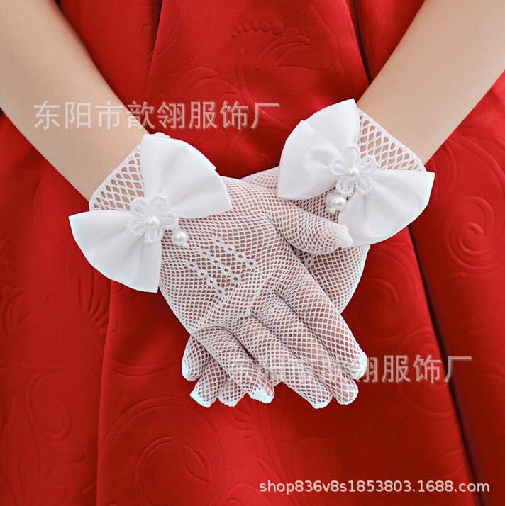 Children's Wedding Dress Princess Mesh Etiquette Bow Gloves Elastic Flower Girl Wedding White Gloves Self-Produced and Self-Sold