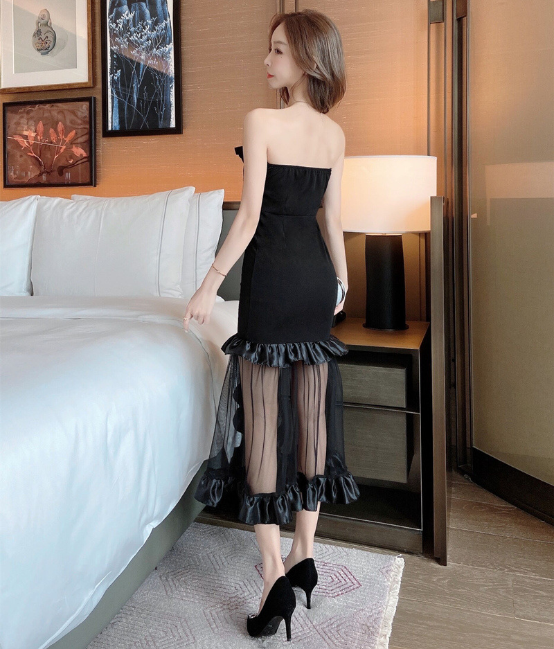 2365夜店性感一字领低胸露背网纱蓬蓬伴娘小礼服敬酒服抹胸连衣裙