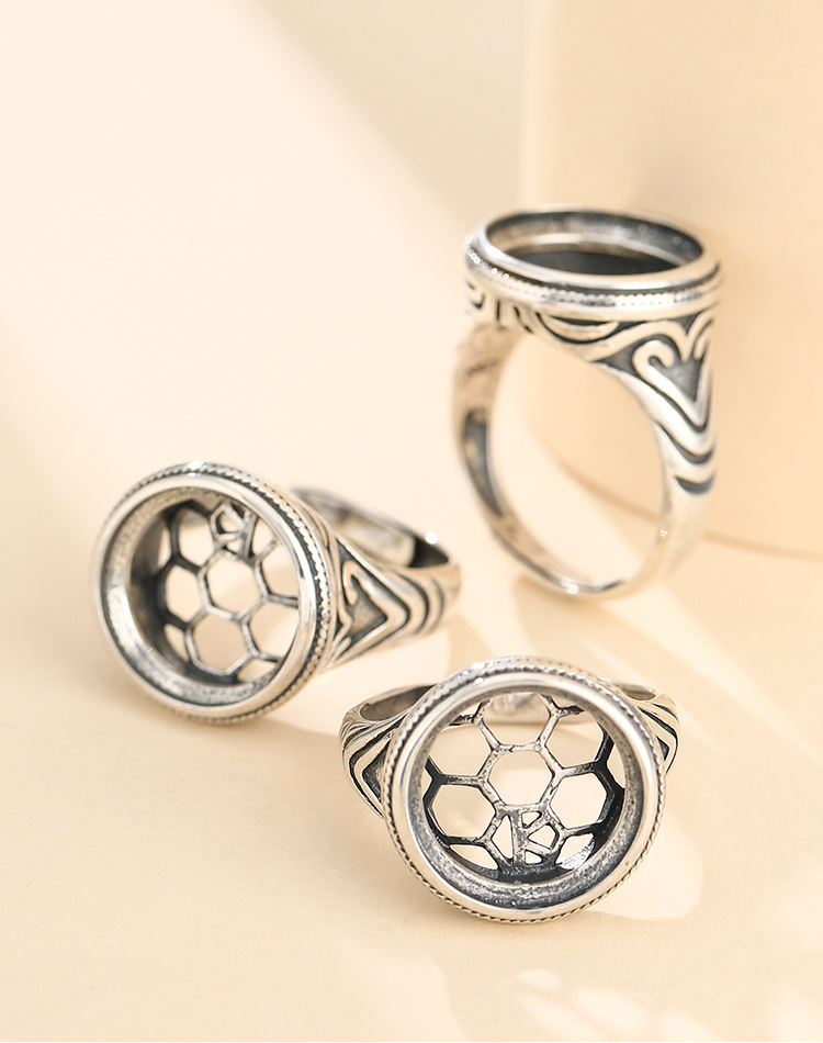 s925银复古个性霸气男女戒指托diy定制镶嵌蜜蜡宝石活口戒托15*15