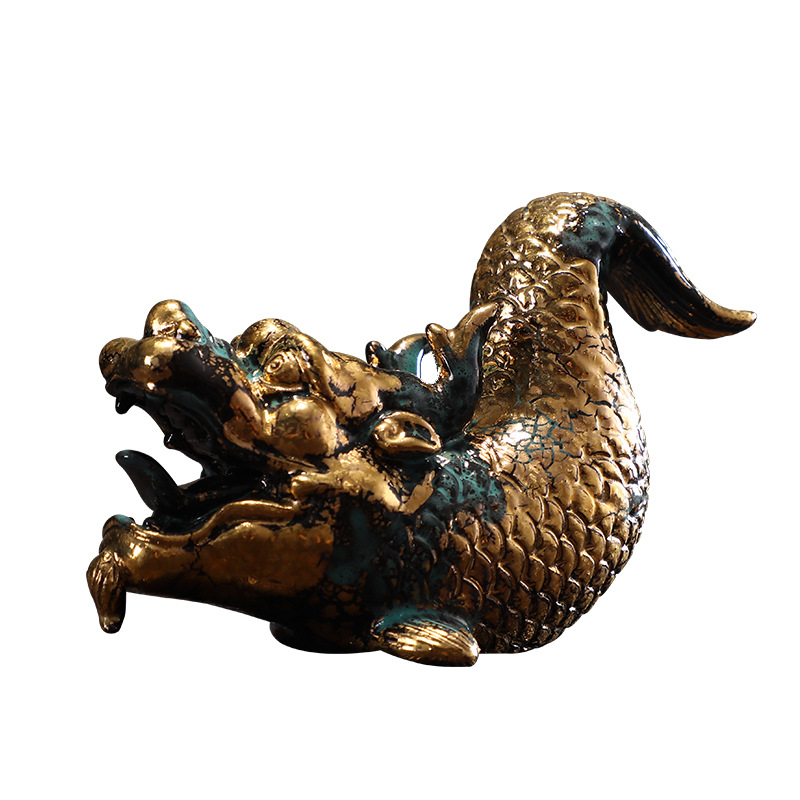 创意陶瓷鳌鱼招财摆件古铜彩金客厅书房办公室桌面摆设工艺品