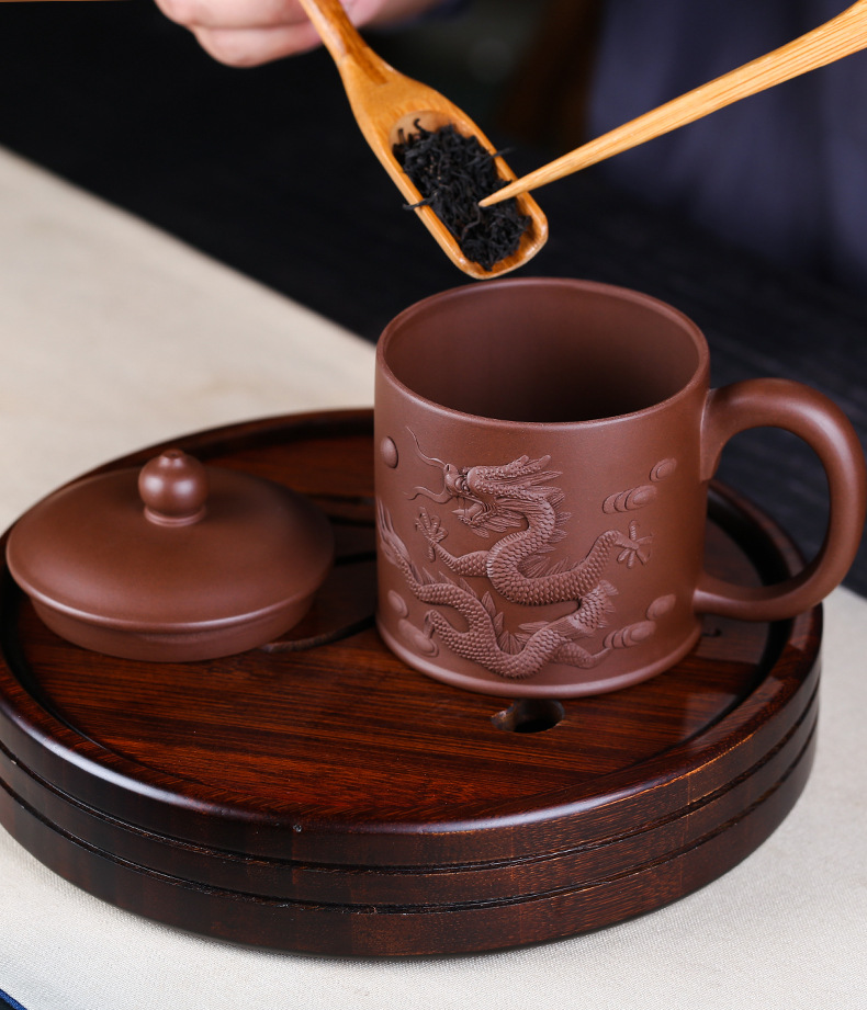 宜兴龙紫砂杯全手工原矿男士带把办公泡茶杯子会议礼品大紫砂盖杯