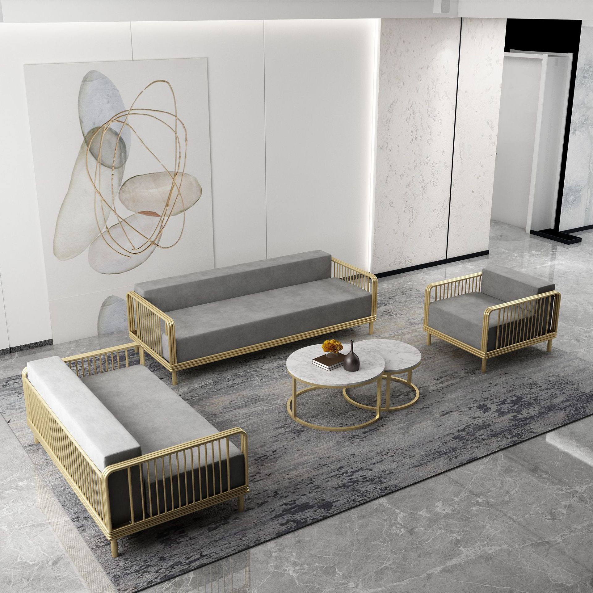 北欧小户型客厅布艺沙发轻奢办公会客铁艺沙发组合酒店大厅沙发椅