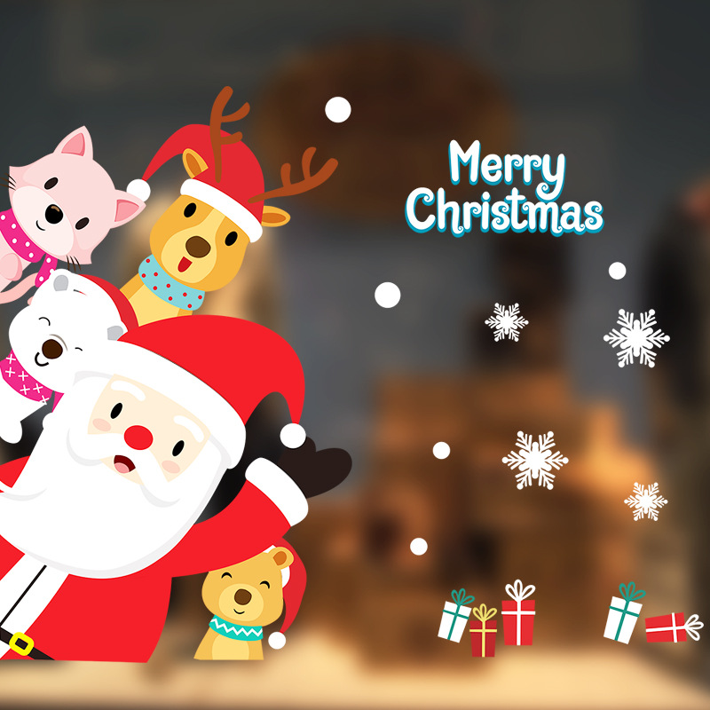 圣诞节装饰品 创意卡通 彩色玻璃静电贴无胶场景布置贴纸