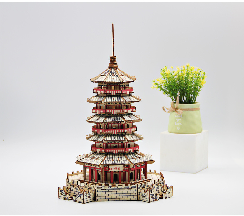 地摊新款diy木质立体拼图雷峰塔建筑模复杂儿童成人耐心拼装玩具