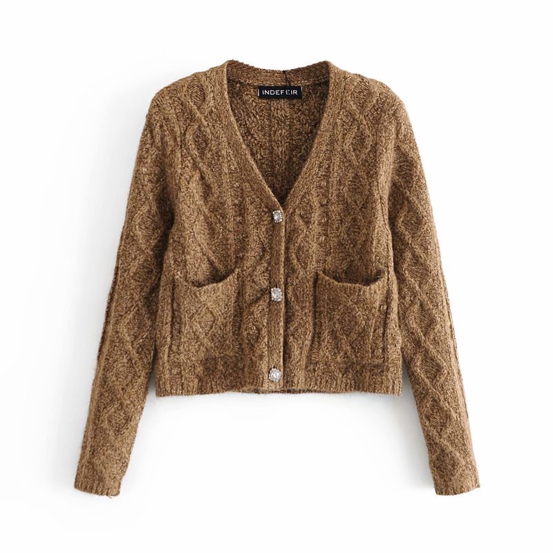 秋冬新款短款两粒针织开衫女速卖通 亚马逊口袋修身针织毛衣女