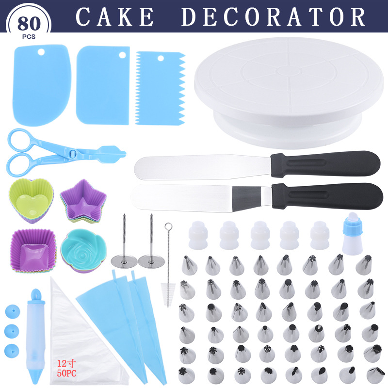 amazon hot sale 80-piece cake turntable decoration pastry nozzle set decorating table fondant baking tools