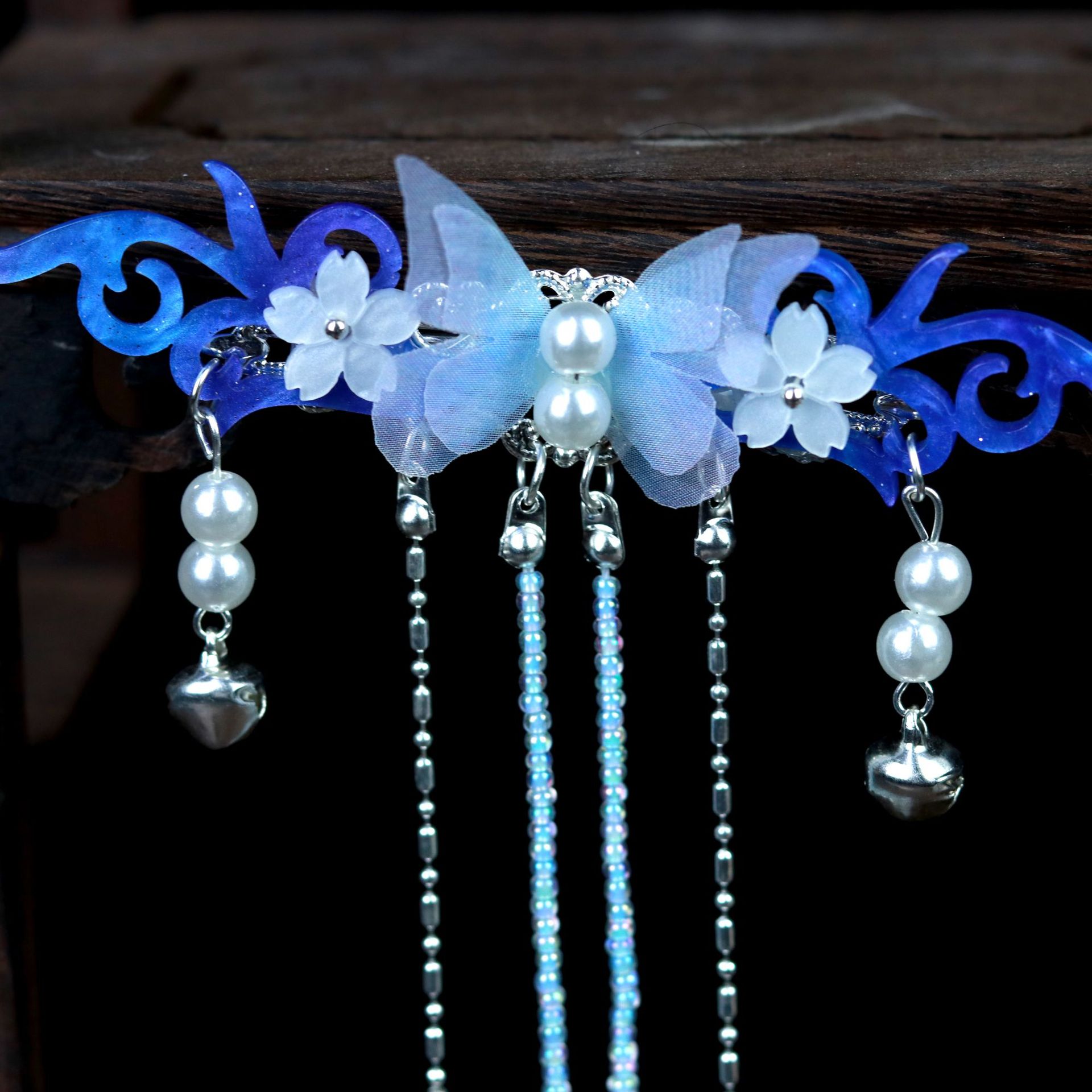 贰玥新品禁步 蓝紫色蝴蝶大套装汉服发饰发夹发冠长飘带【寒谭】