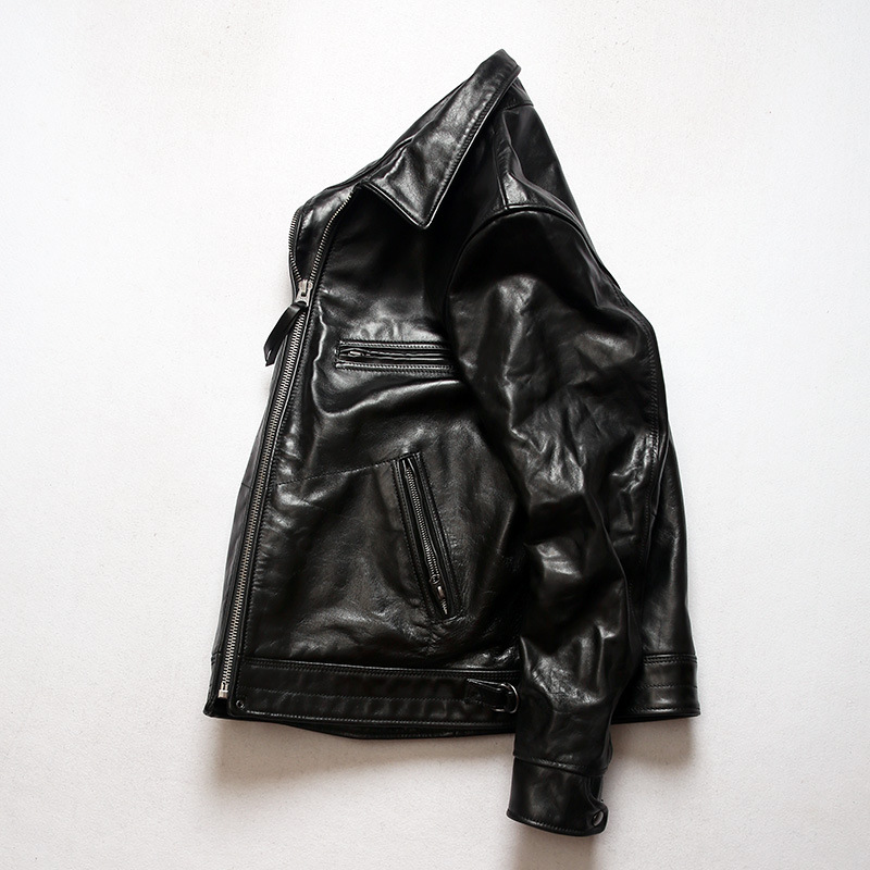 穆赫兰道茶芯马皮夹克翻领蜡染复古日系真皮皮衣男机车司闸员外套