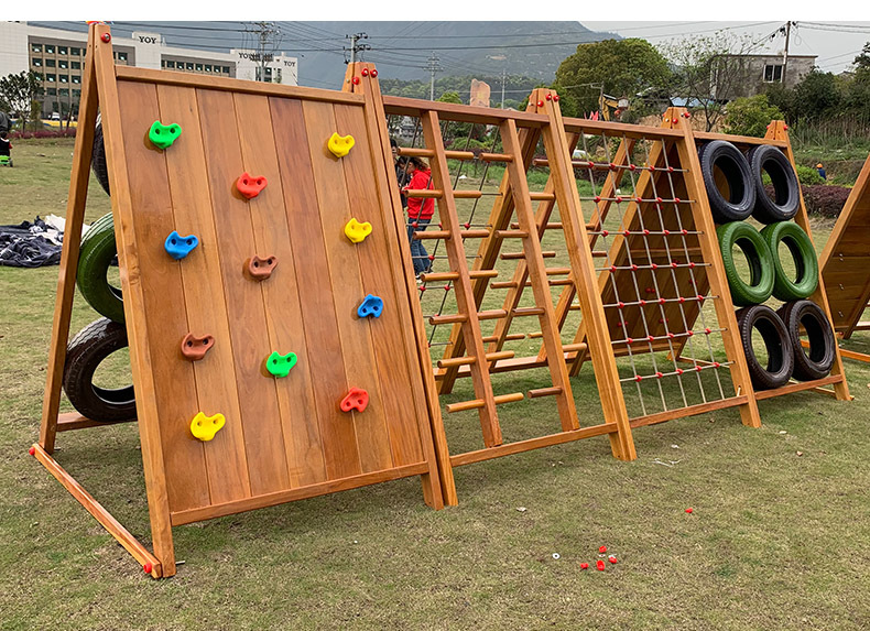 幼儿园户外木质攀爬架儿童蜘蛛网攀岩墙轮胎感统体能训练器材搭配