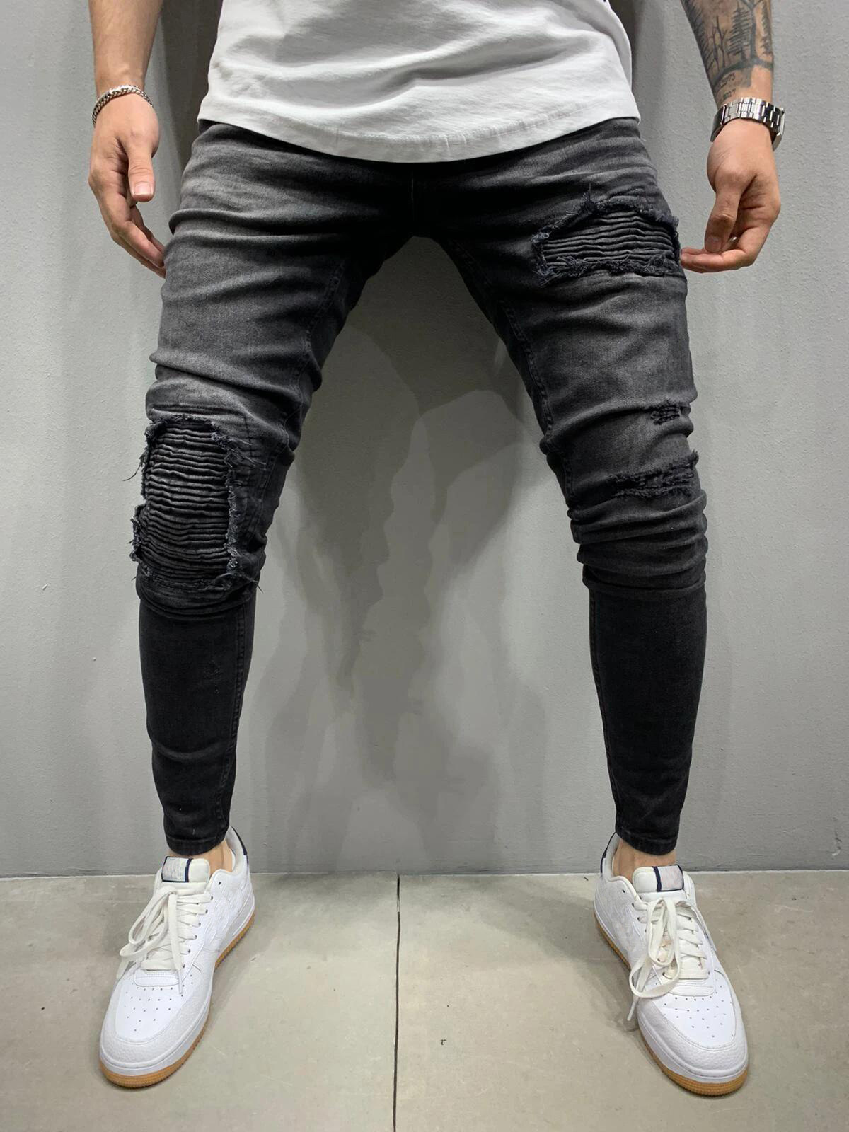   Cross-Border European and American Men's Motorcycle Jeans EBay Pleated Tight Stretch Skinny Jeans Amazon New