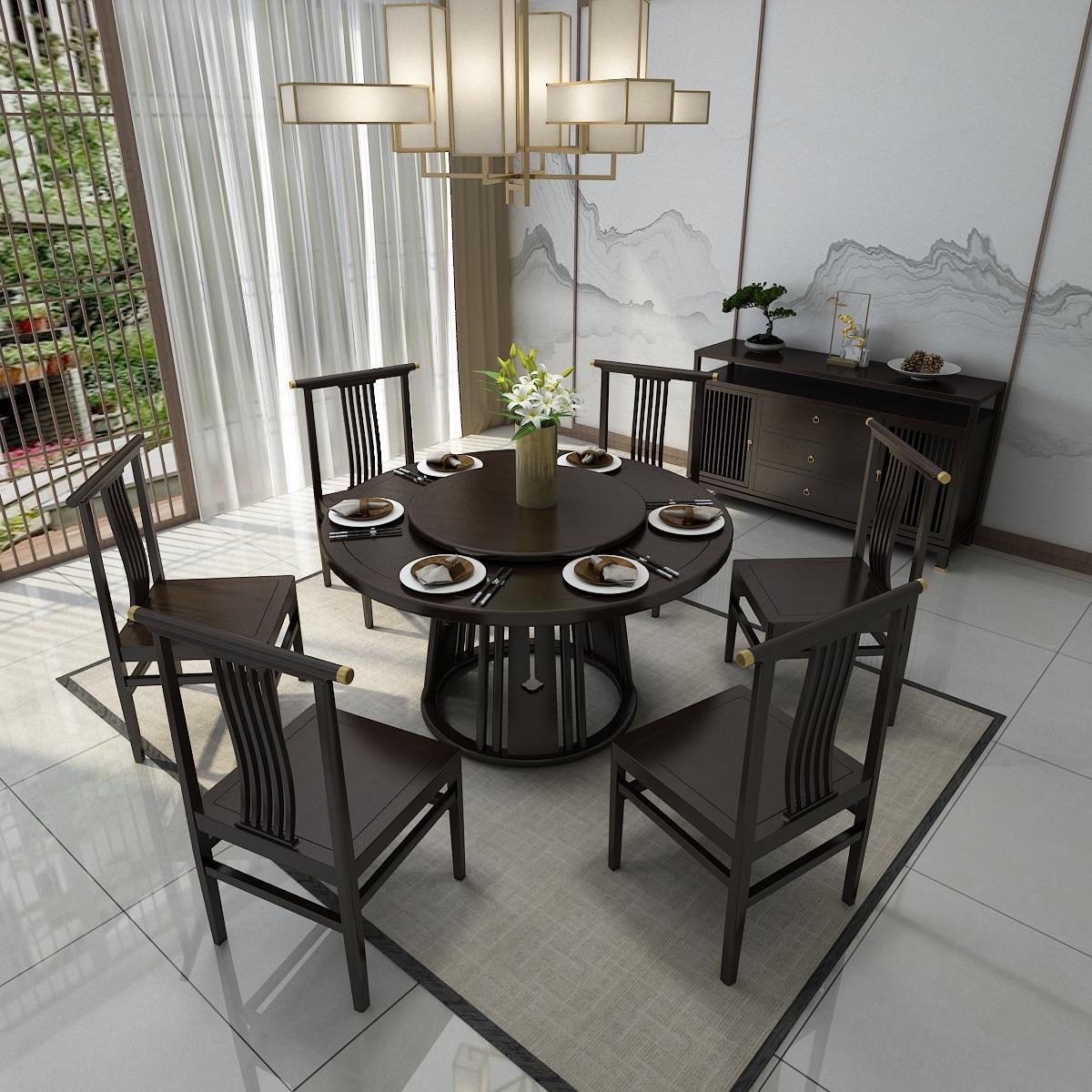 新中式餐桌实木圆形餐桌中式餐桌现代酒店别墅样板间禅意定制家具