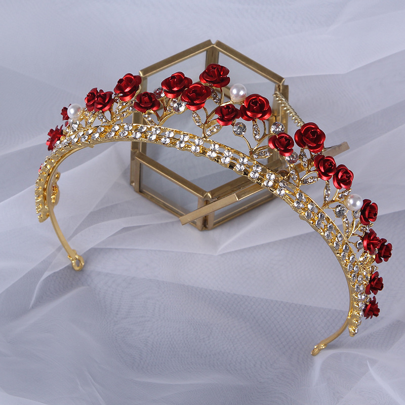 新娘皇冠韩新款红色玫瑰花王冠女王结婚婚纱盘发头饰女童生日头箍