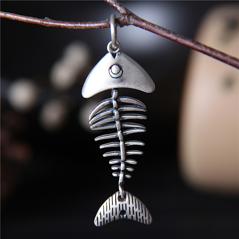 足银完整鱼骨头吊坠项坠男女款复古做旧哑光个性挂件手工饰品配饰