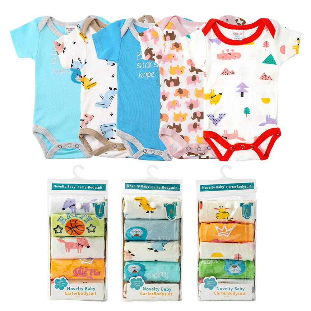 Candy Color Children's Triangle Rompers Cartoon Printing Five-Piece Romper Cotton Newborn Baby Clothes Gift Box Wholesale