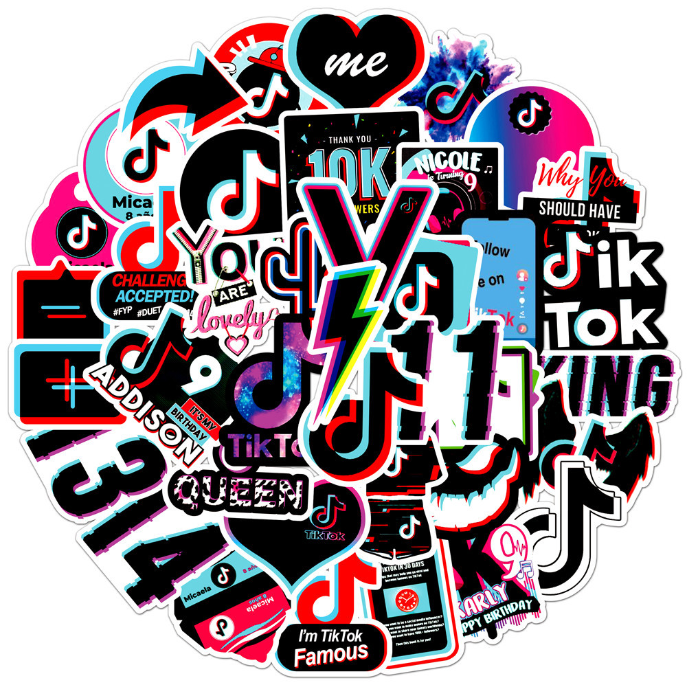50张抖音tiktok logo涂鸦贴纸行李箱电脑手机冰箱个性防水贴纸
